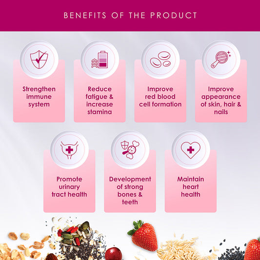 Infographic depicting benefits of a superfood product. Highlights include strengthening the immune system, reducing fatigue, improving red blood cell formation, enhancing skin, hair, and nails' appearance, promoting urinary tract health, developing strong bones and teeth, and maintaining heart health. Accompanied by images of grains, seeds, and berries.