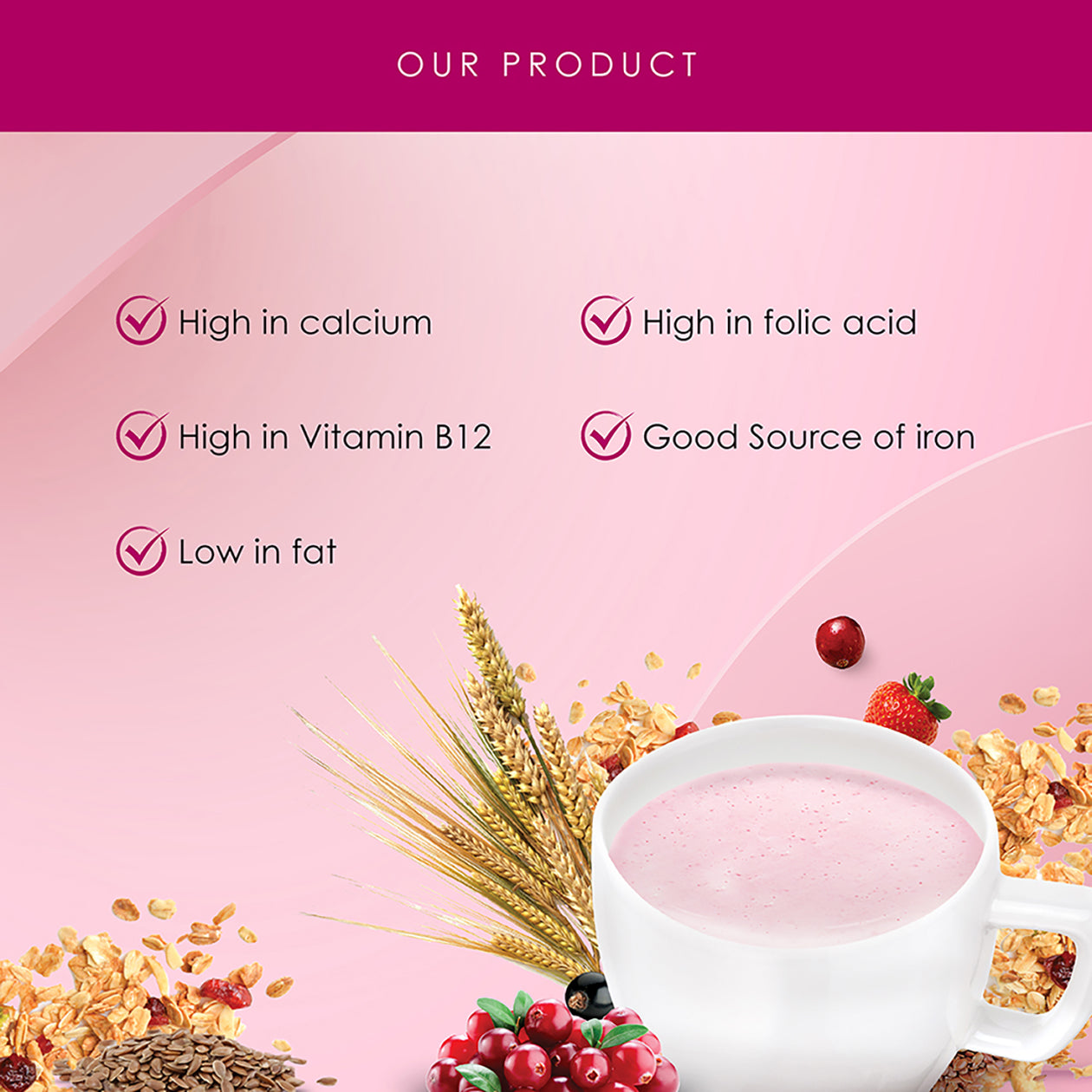 Image of Kinohimitsu Malaysia's Superfood Lady product with nutritional benefits highlighted. The pink background showcases a checklist of benefits including high calcium, high folic acid, high in Vitamin B12, good source of iron, and low in fat. A white cup filled with a pink beverage is surrounded by oats, wheat, cranberries, and strawberries, representing healthy ingredients.