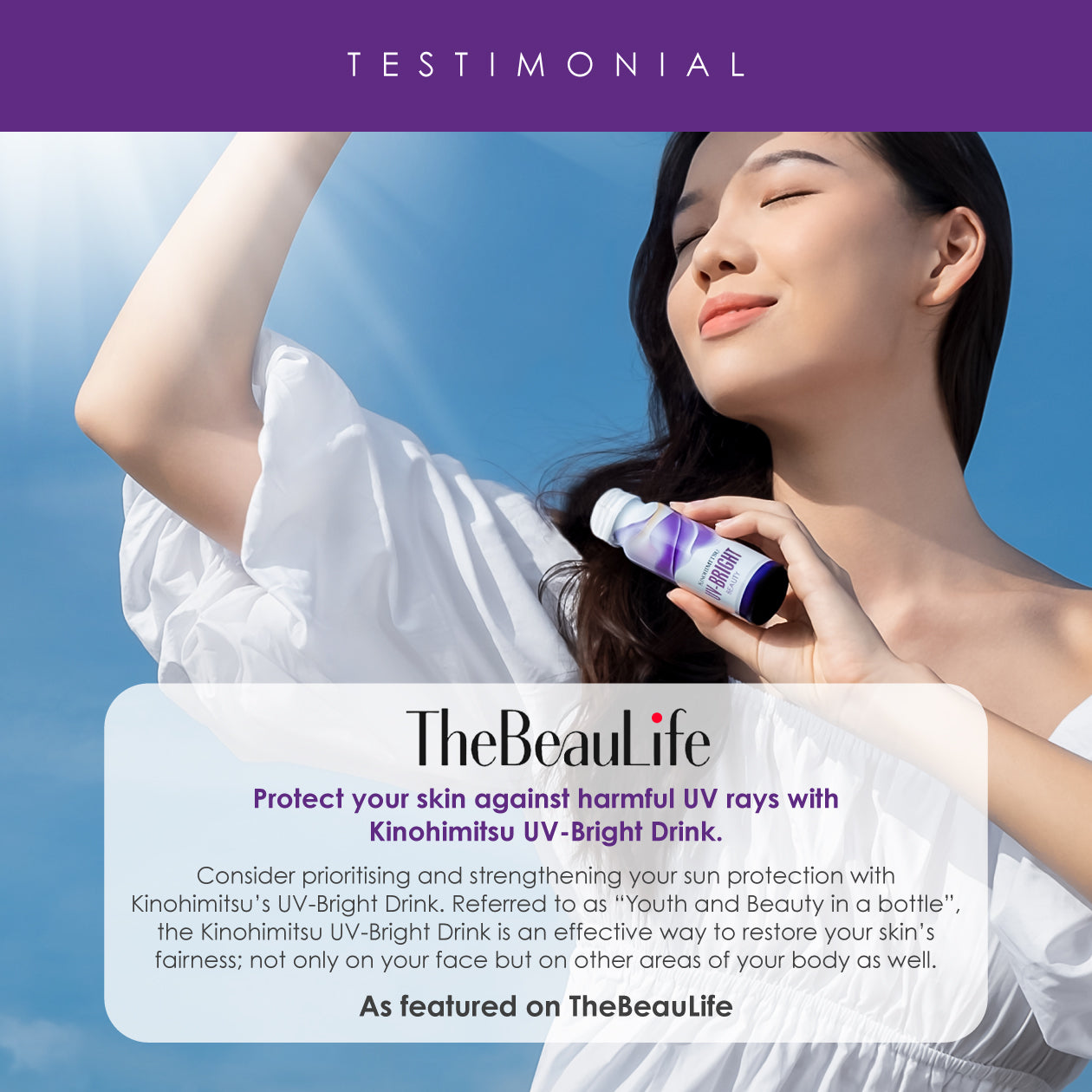 Woman enjoying sunlight while holding Kinohimitsu UV-Bright Drink, promoting skin protection against harmful UV rays for Kinohimitsu Malaysia testimonial.