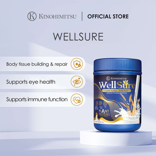 Kinohimitsu Wellsure Complete Nutrition product packaging with blue lid, promoting plant proteins for Malaysia market, featuring nutritional information and oat illustration.