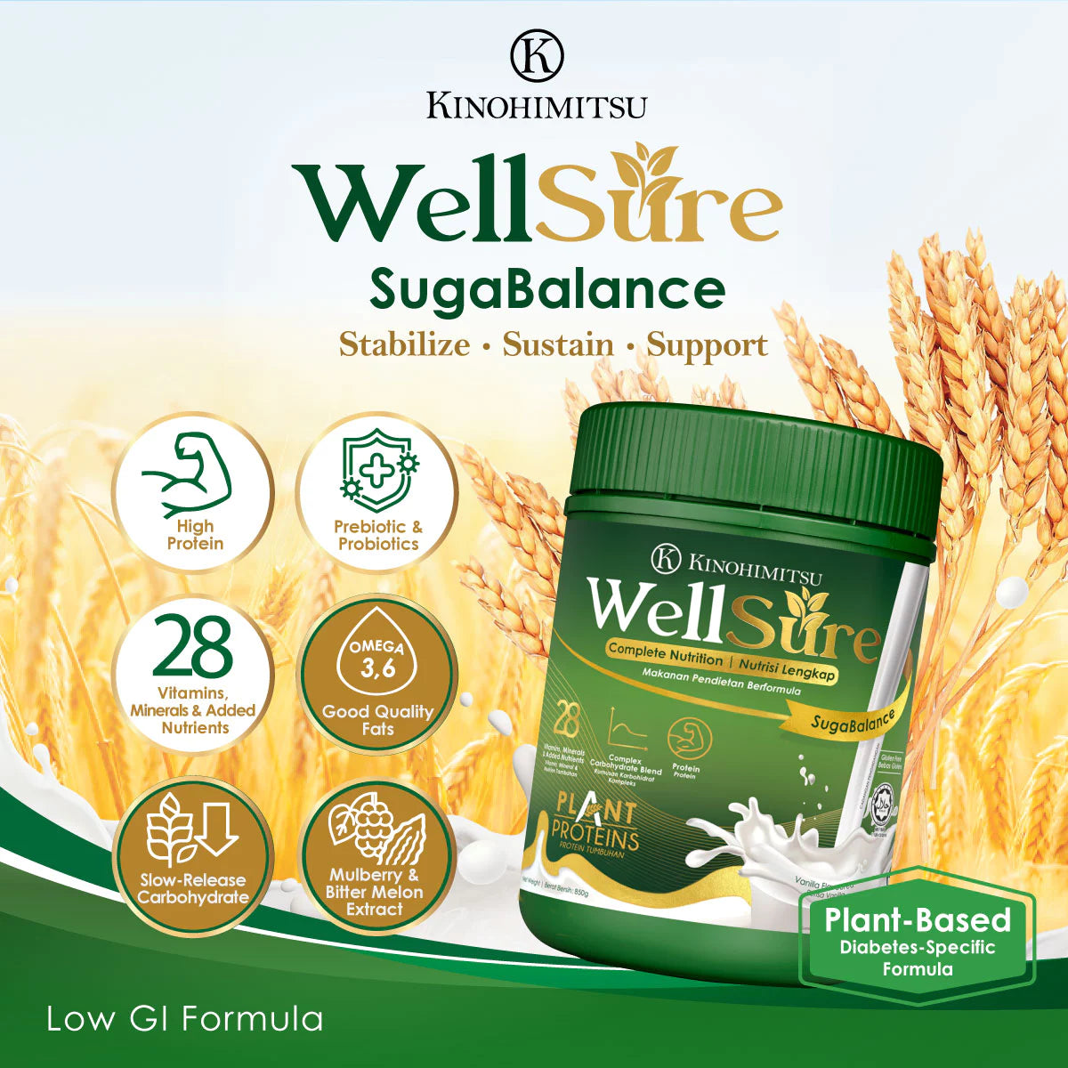 Kinohimitsu WellSure SugaBalance – Low GI formula with high protein, probiotics, Omega 3 & 6, mulberry and bitter melon extract for blood sugar control.