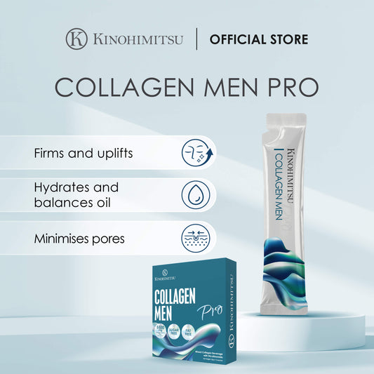 Kinohimitsu Collagen Men Pro sachet and box packaging, sugar free collagen drink for men to support skin hydration and balance