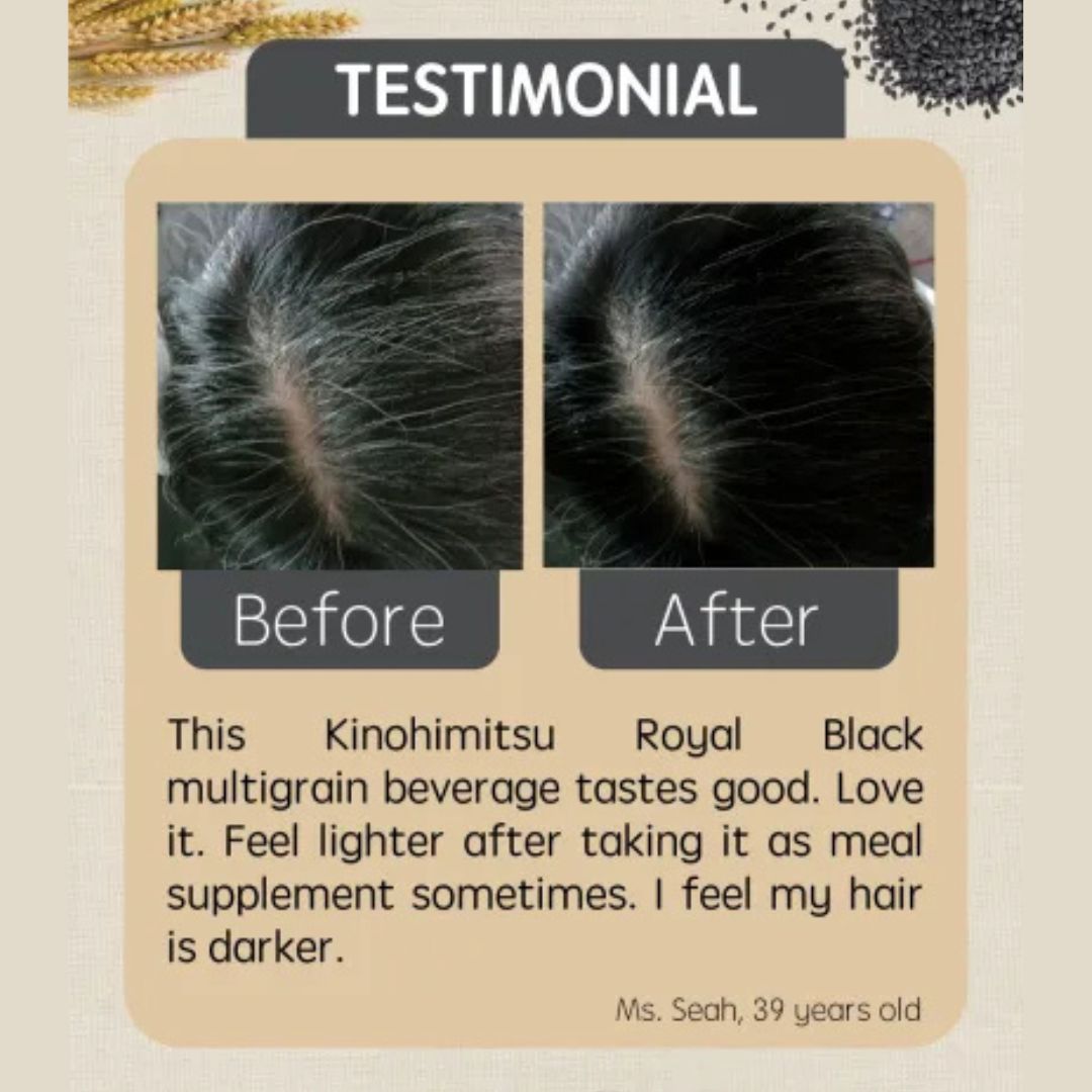 Before-and-after testimonial showing Kinohimitsu Royal Black multigrain beverage effects. Ms. Seah, 39, reports feeling lighter, enjoying the taste, and noticing darker hair after use.
