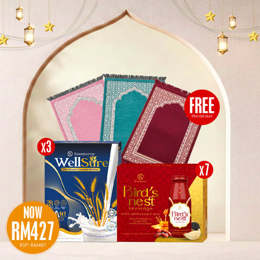 Ramadan promotion bundle with Kinohimitsu WellSure plant-based nutrition and Bird’s Nest beverage set with free prayer mat gift