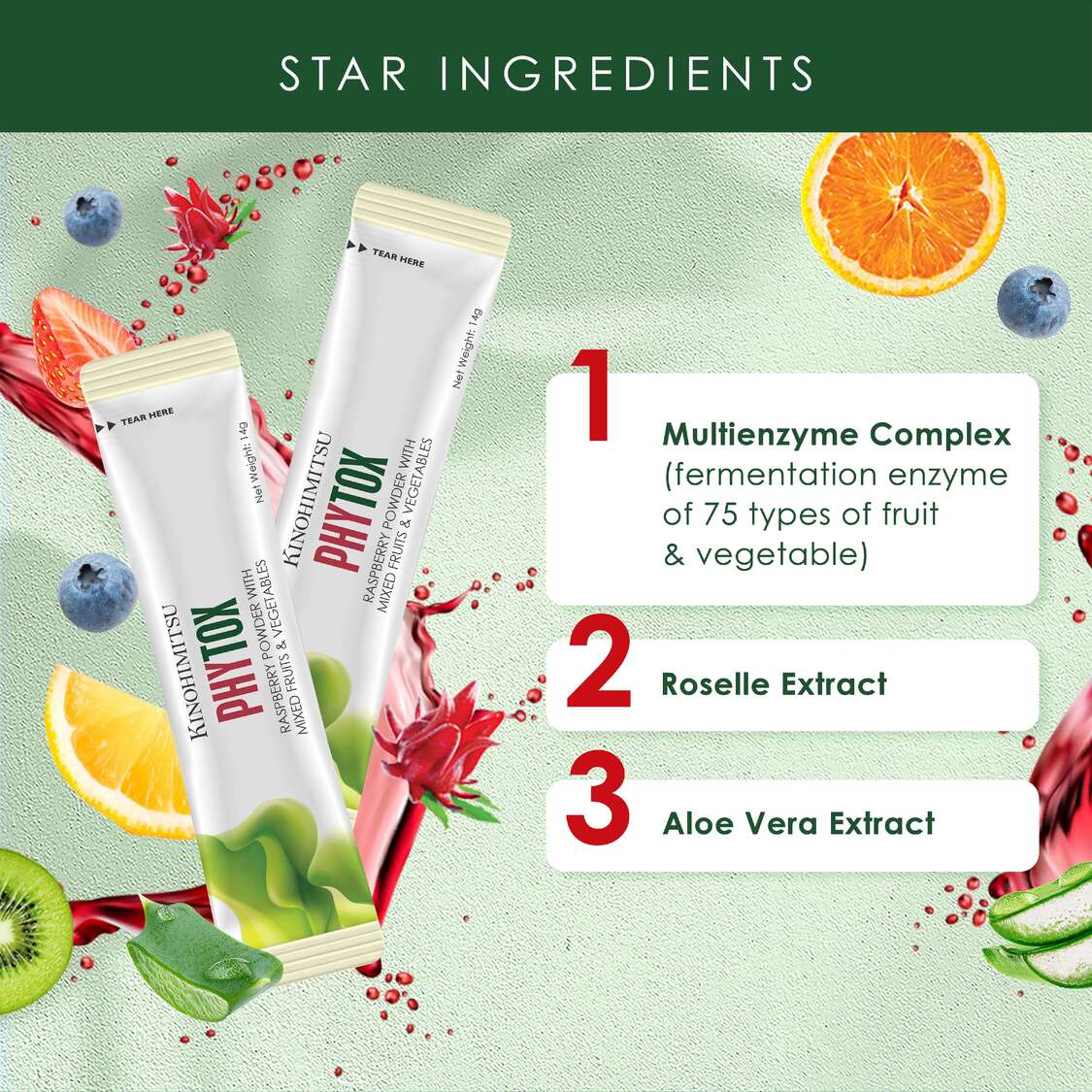 Phytox star ingredients — multienzyme complex from 75 fruits & vegetables, roselle extract, aloe vera extract; two Phytox sachets on green backdrop
