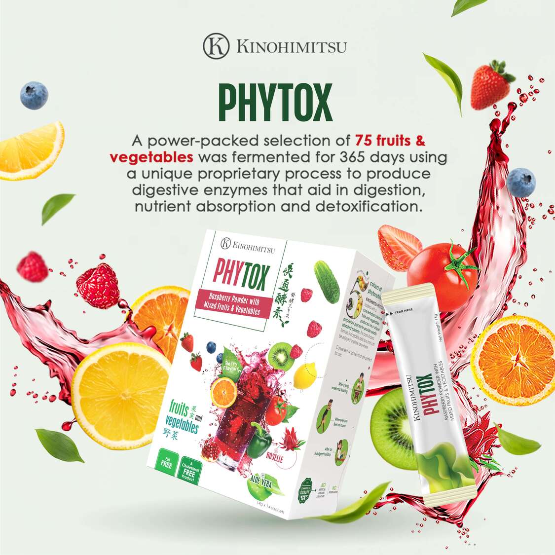Kinohimitsu Phytox — raspberry enzyme drink from 75 fruits & vegetables for digestion, nutrient absorption and detox; box and sachet with fruit splash