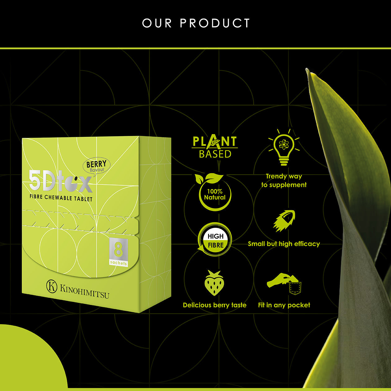 5Dtox Fibre Chewable Tablet by Kinohimitsu Malaysia. Berry flavour box with plant-based, 100% natural, high-fibre features highlighted. Product benefits include trendy supplement style, small size with high efficacy, delicious berry taste, and easy portability. Green and black design with leaf motif.