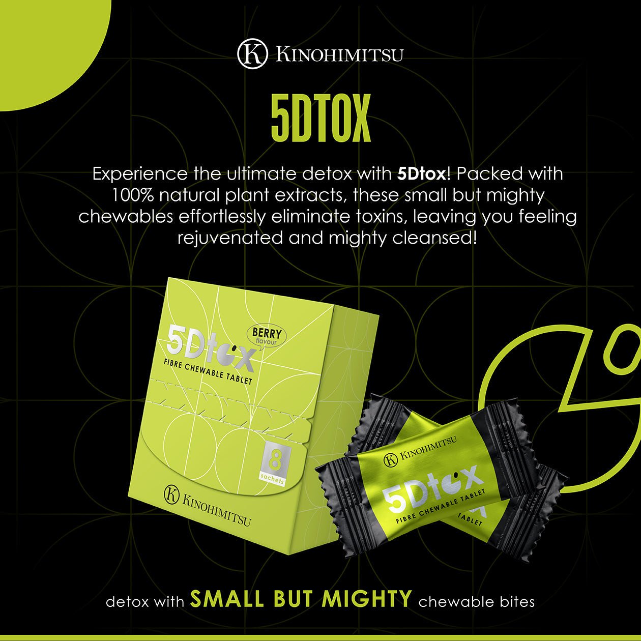 5Dtox Berry Flavour Chewable Tablets Box by Kinohimitsu Malaysia, highlighted with text promoting detox benefits using natural plant extracts.
