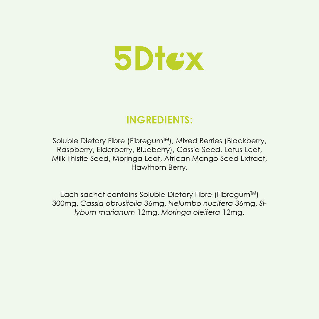 Kinohimitsu 5Dtox ingredients list featuring soluble dietary fibre, mixed berries, cassia seed, lotus leaf, milk thistle seed, moringa leaf, African mango seed extract, and hawthorn berry.