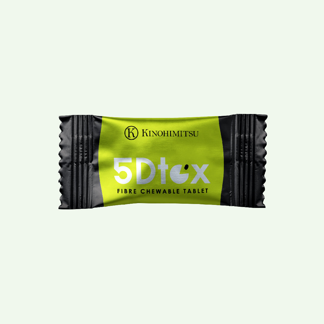 Kinohimitsu 5Dtox fibre chewable tablet in green and black packaging, Malaysia.