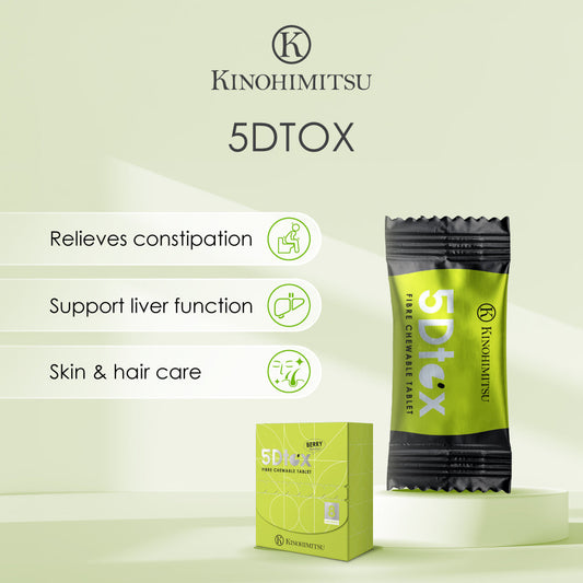 Kinohimitsu 5Dtox product image showcasing a green and black fiber chewable tablet package with highlights on benefits: relieves constipation, supports liver function, and promotes skin and hair care.