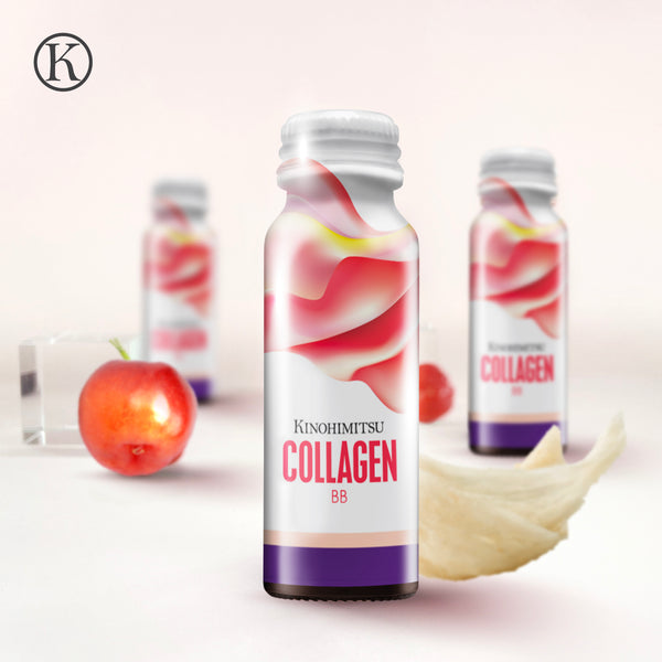 Kinohimitsu Collagen BB bottles with vibrant red and purple design, surrounded by fresh fruit and a white background, promoting beauty and skincare benefits in Malaysia.