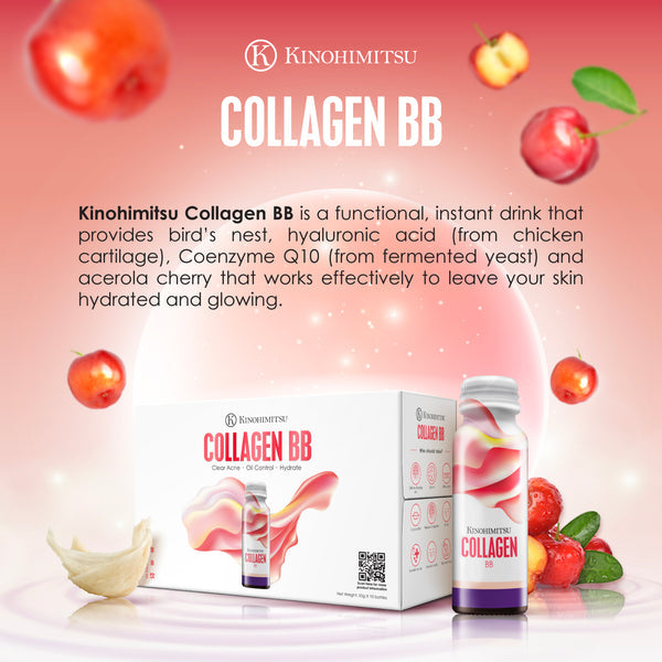 Image of Kinohimitsu Collagen BB product packaging, featuring a box and bottle. Descriptive text highlights key ingredients such as bird's nest, hyaluronic acid, Coenzyme Q10, and acerola cherry, promoting skin hydration and glow. Background includes vibrant red fruits and a pink color theme, emphasizing beauty and skincare benefits in Malaysia.