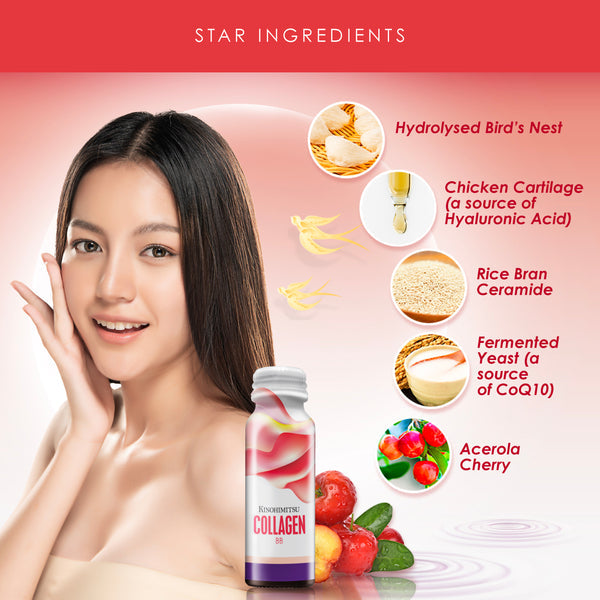 Image of Kinohimitsu Collagen BB product with a smiling woman, highlighting star ingredients such as hydrolysed bird's nest, chicken cartilage, rice bran ceramide, fermented yeast, and acerola cherry, set against a red gradient background.