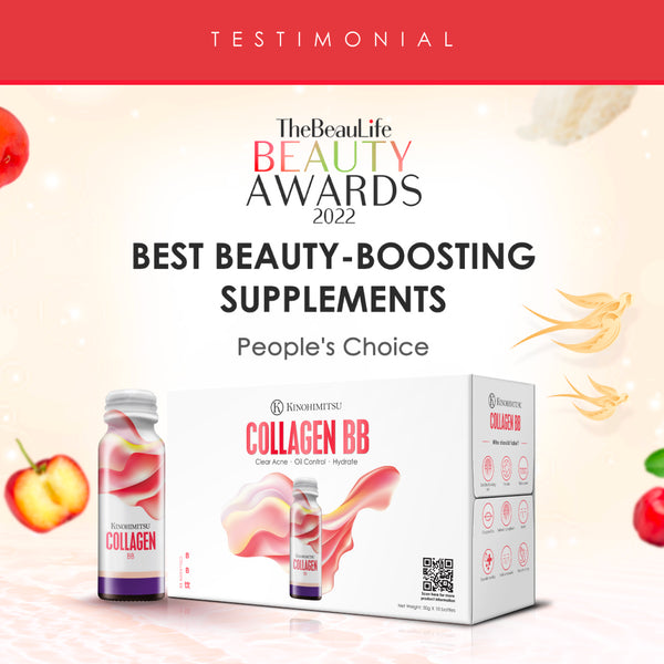Kinohimitsu Collagen BB supplement packaging with a testimonial banner. The product, awarded as 'Best Beauty-Boosting Supplements' at The BeauLife Beauty Awards 2022, is designed for clear acne, oil control, and hydration.