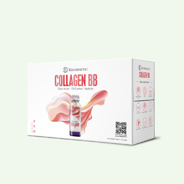 Kinohimitsu Collagen BB box featuring product image and benefits such as clear acne, oil control, and hydration, against a light background.