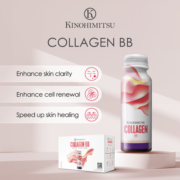 Kinohimitsu Collagen BB drink bottle and packaging with product benefits highlighted: enhance skin clarity, boost cell renewal, and speed up skin healing for radiant, healthy skin