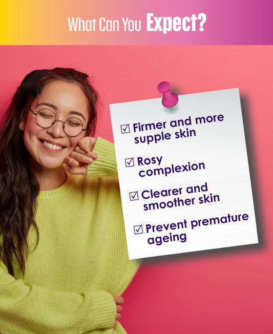 Smiling woman with glasses and a yellow sweater against a pink background, beside a pinned checklist with points about firmer skin, rosy complexion, clearer skin, and preventing premature ageing.