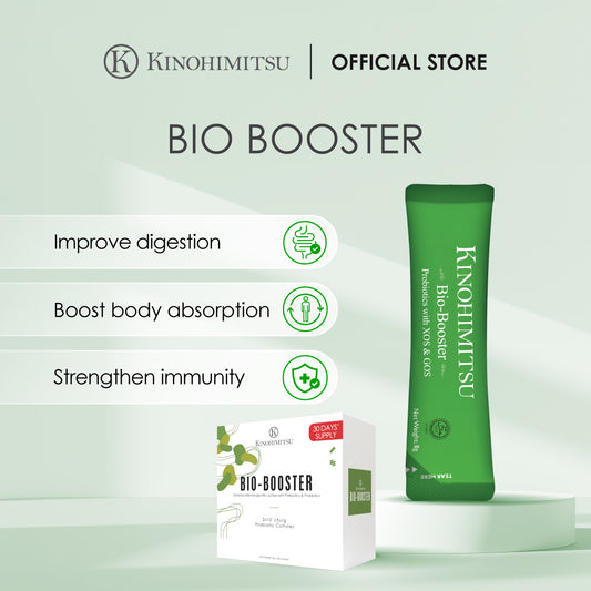 Kinohimitsu Bio-Booster product display with green packaging and box. The text highlights benefits like improved digestion, enhanced body absorption, and strengthened immunity. Official store branding is included.