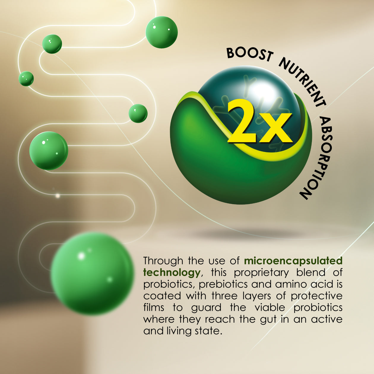 Image showcasing Kinohimitsu's Bio-Booster product with a focus on nutrient absorption. Includes green spheres representing the microencapsulated technology, highlighting its ability to enhance probiotics, prebiotics, and amino acid protection. The text emphasizes boosting nutrient absorption 2x using protective films.