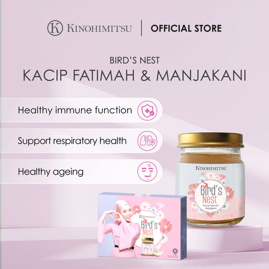 Kinohimitsu Bird's Nest with Kacip Fatimah & Manjakani for women's health, featuring a jar of the product and benefits like healthy immune function, respiratory health support, and healthy aging. Includes a happy woman making a heart symbol with hands next to the product packaging.
