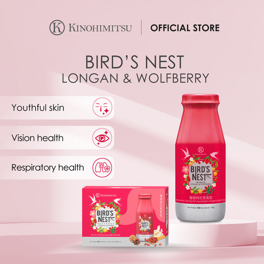 Kinohimitsu Bird's Nest Longan & Wolfberry product featuring a pink bottle and box with health benefits icons: youthful skin, vision health, respiratory health. Kinohimitsu Bird's Nest with Longan and Wolfberry product packaging. Includes benefits for youthful skin, vision health, and respiratory health. Features printed bottle and box with pink and white design.