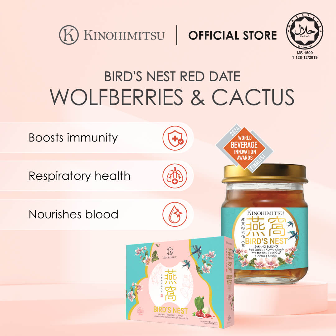 Kinohimitsu Bird's Nest, Red Date, Wolfberries & Cactus Drink - Boosts Immunity, Respiratory Health, Nourishes Blood. Halal Certified, Official Store, 2023 World Beverage Innovation Awards Finalist. Promotional image for Kinohimitsu Bird's Nest Red Date, Wolfberries & Cactus drink. The packaging showcases its health benefits such as boosting immunity, improving respiratory health, and nourishing blood. The image includes a jar and a box of the product with floral designs, highlighting natural ingredients 