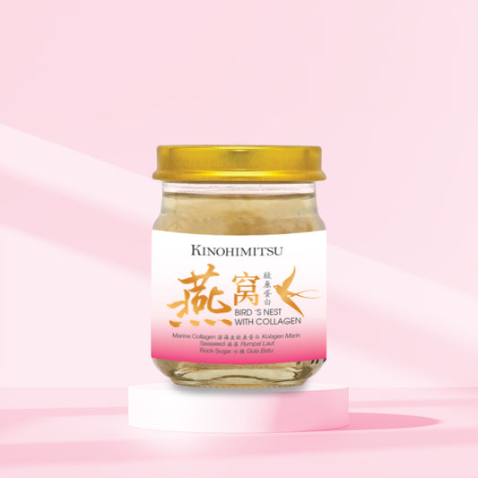 Kinohimitsu Bird’s Nest with Collagen jar displayed on a pink gradient background, featuring a gold lid and a label with gold and black text, promoting marine collagen and premium ingredients.