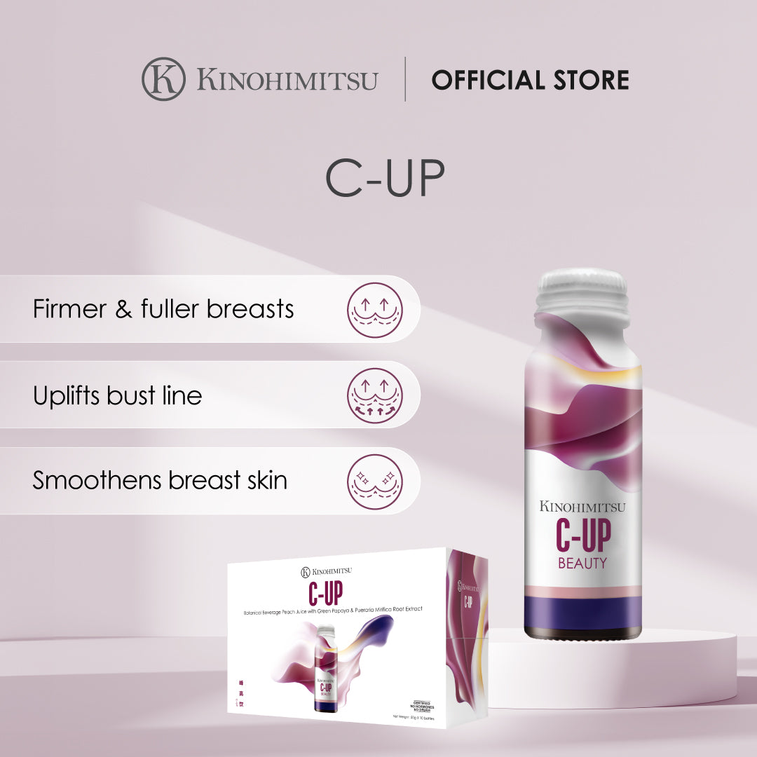 Kinohimitsu C-Up product advertisement featuring a bottle and packaging, highlighting benefits like firmer and fuller breasts, uplifted bust line, and smoother breast skin. Kinohimitsu C-Up Beauty drink bottle on a minimalistic podium against a soft pink background, highlighting its elegant packaging and branding.