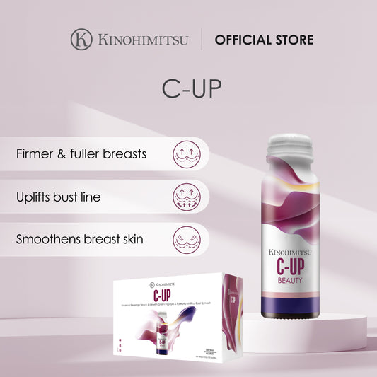 Kinohimitsu C-Up product advertisement featuring a bottle and packaging, highlighting benefits like firmer and fuller breasts, uplifted bust line, and smoother breast skin. Kinohimitsu C-Up Beauty drink bottle on a minimalistic podium against a soft pink background, highlighting its elegant packaging and branding.