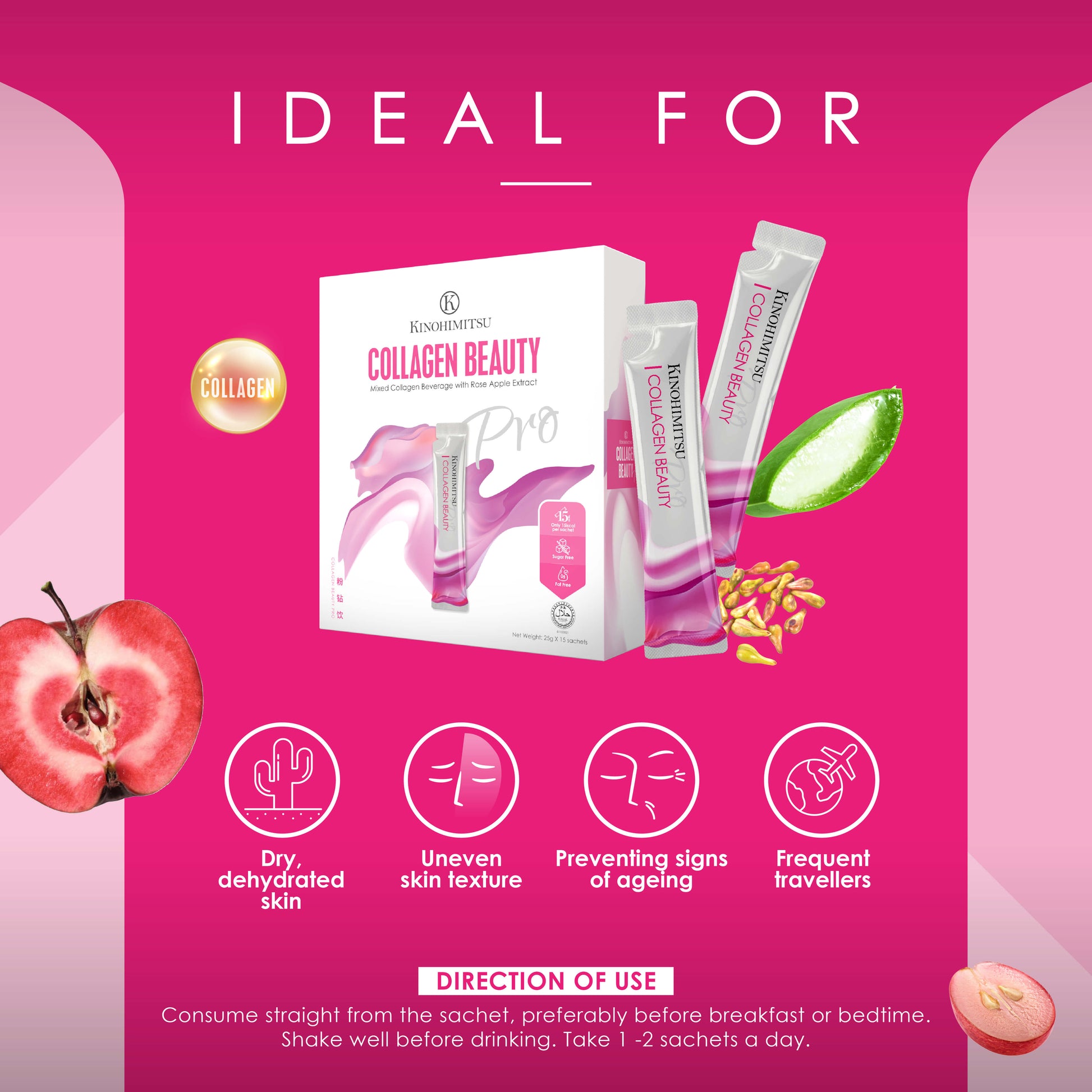 Kinohimitsu Collagen Beauty Pro product image featuring packaging and sachets placed on a pink background. Ideal for dry, dehydrated skin, uneven skin texture, preventing signs of aging, and frequent travelers. Includes imagery of ingredients such as peach and aloe vera, with icons illustrating key benefits. Directions for use are at the bottom.