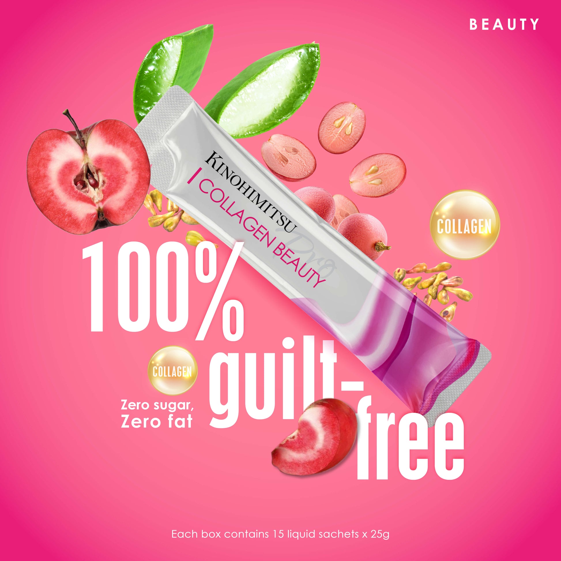 Kinohimitsu Collagen Beauty sachet with natural ingredients like apple slices, aloe vera, and collagen capsules on a vibrant pink background, promoting '100% guilt-free' with zero sugar and zero fat. Each box contains 15 liquid sachets of 25g.