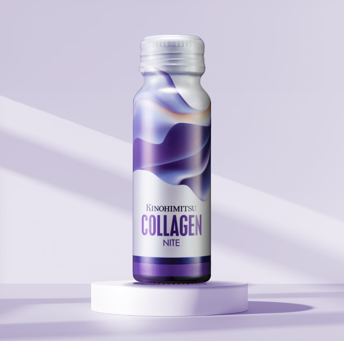 Kinohimitsu Collagen Nite bottle on a round white platform with a soft purple background.
