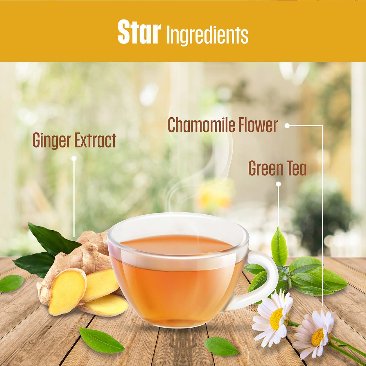 Image of a steaming cup of tea featuring highlighted ingredients like ginger extract, chamomile flower, and green tea leaves on a wooden table. Emphasizes natural ingredients of D’tox Tea Ginger by Kinohimitsu Malaysia.
