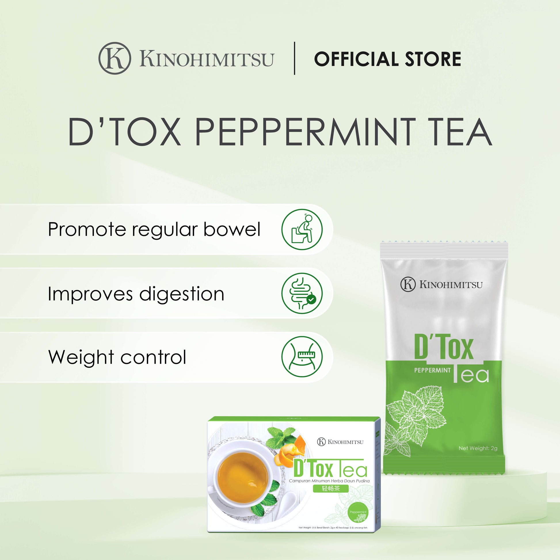 Kinohimitsu D’tox Peppermint Tea packaging with benefits highlighted: promotes regular bowel movement, improves digestion, and supports weight control. Shown with teacup, sachet, and box design.