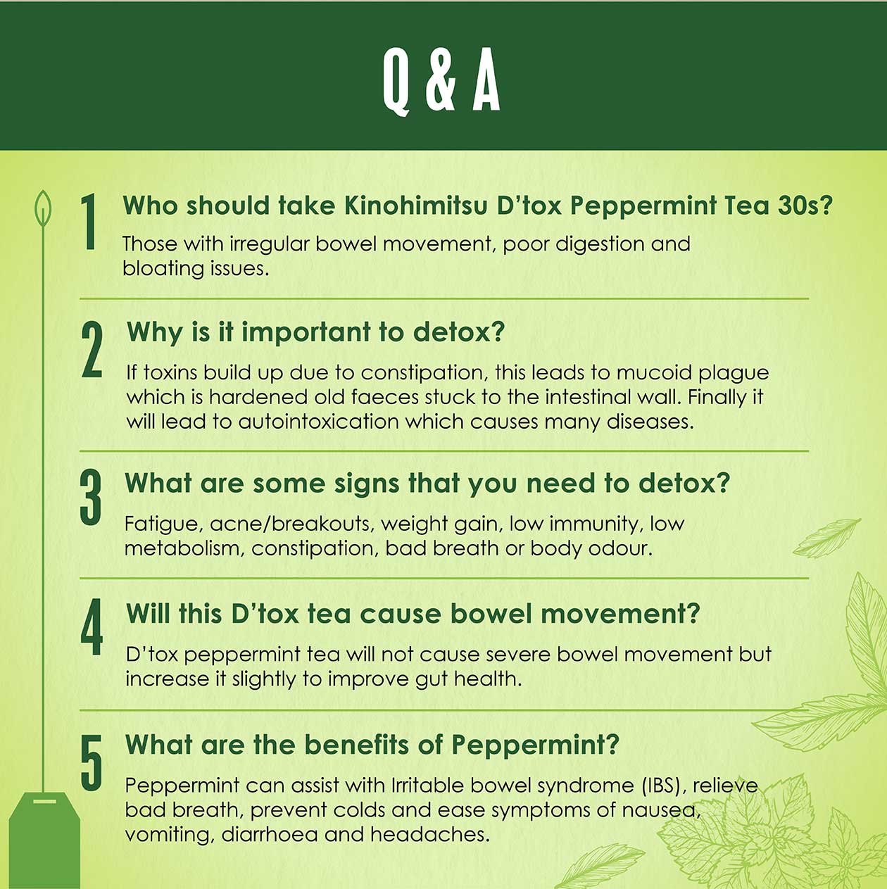 Q&A section about Kinohimitsu D’tox Tea Peppermint. Includes questions and answers on who should take the tea, importance of detox, signs you need to detox, effects on bowel movement, and benefits of peppermint.