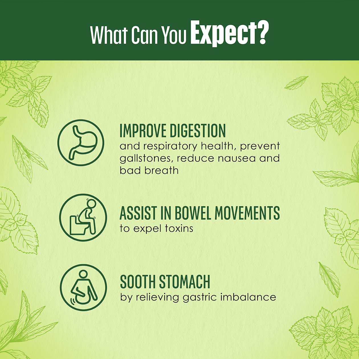 D’tox Tea Peppermint benefits infographic by Kinohimitsu Malaysia, highlighting improved digestion, assistance in bowel movements, and stomach soothing.