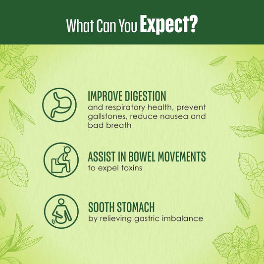 D’tox Tea Peppermint benefits infographic by Kinohimitsu Malaysia, highlighting improved digestion, assistance in bowel movements, and stomach soothing.