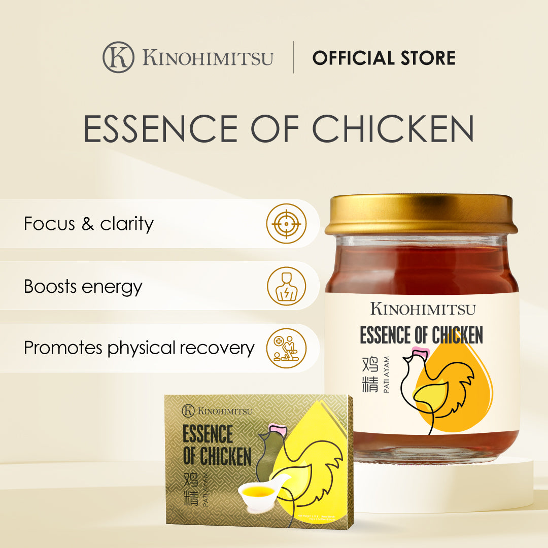 Kinohimitsu Essence of Chicken product image featuring a jar and packaging, highlighting benefits such as focus, clarity, energy boost, and physical recovery in Malaysia.