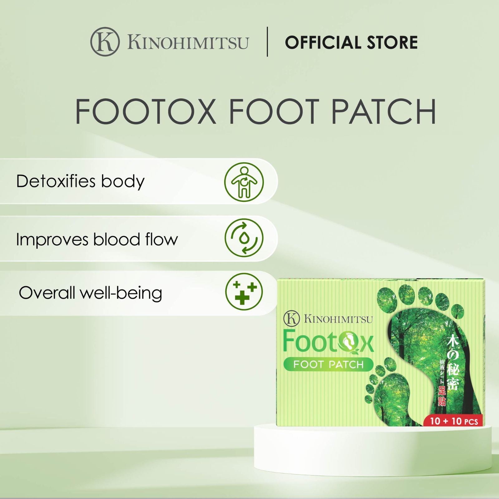 Footox Foot Patch by Kinohimitsu Malaysia features benefits such as body detoxification, improved blood flow, and overall well-being. The image shows the product packaging with a green forest theme and the Kinohimitsu brand logo.
