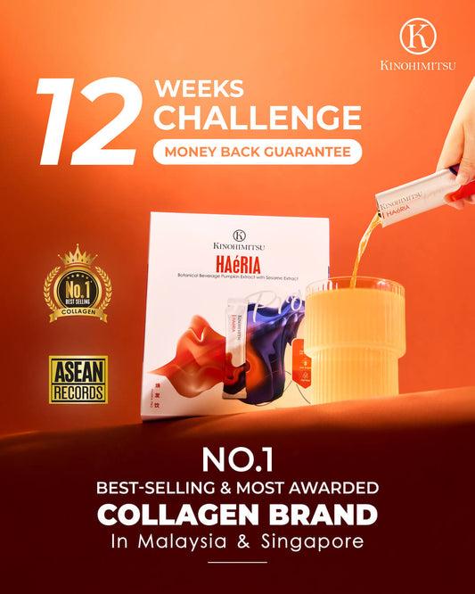 Kinohimitsu Haéria Pro best hair supplement 12 Weeks Challenge money back guarantee visual featuring ASEAN Records and No.1 collagen brand awards.