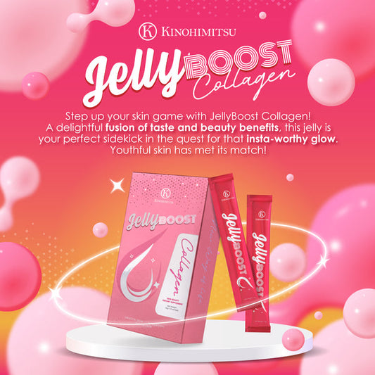 Promotional image for Kinohimitsu JellyBoost Collagen, featuring a pink-themed design with product packaging and sticks, highlighting its taste and beauty benefits for youthful skin.
