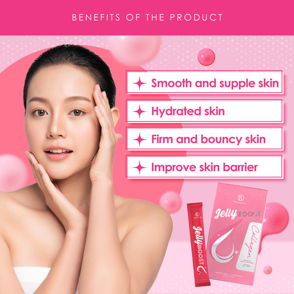 JellyBoost Collagen benefits presented by Kinohimitsu Malaysia, featuring a woman touching her cheek with a background listing benefits: smooth and supple skin, hydrated skin, firm and bouncy skin, improved skin barrier. Includes product packaging of JellyBoost Collagen.