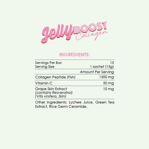 Ingredients list for JellyBoost Collagen by Kinohimitsu Malaysia, featuring serving size and nutritional contents like collagen peptide, vitamin C, and grape skin extract, along with other ingredients such as lychee juice and green tea extract.