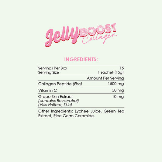 Ingredients list for JellyBoost Collagen by Kinohimitsu Malaysia, featuring serving size and nutritional contents like collagen peptide, vitamin C, and grape skin extract, along with other ingredients such as lychee juice and green tea extract.