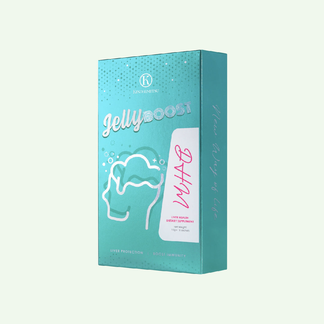 Kinohimitsu JellyBoost DHM packaging in teal color, featuring product branding and information about liver health and immunity support.