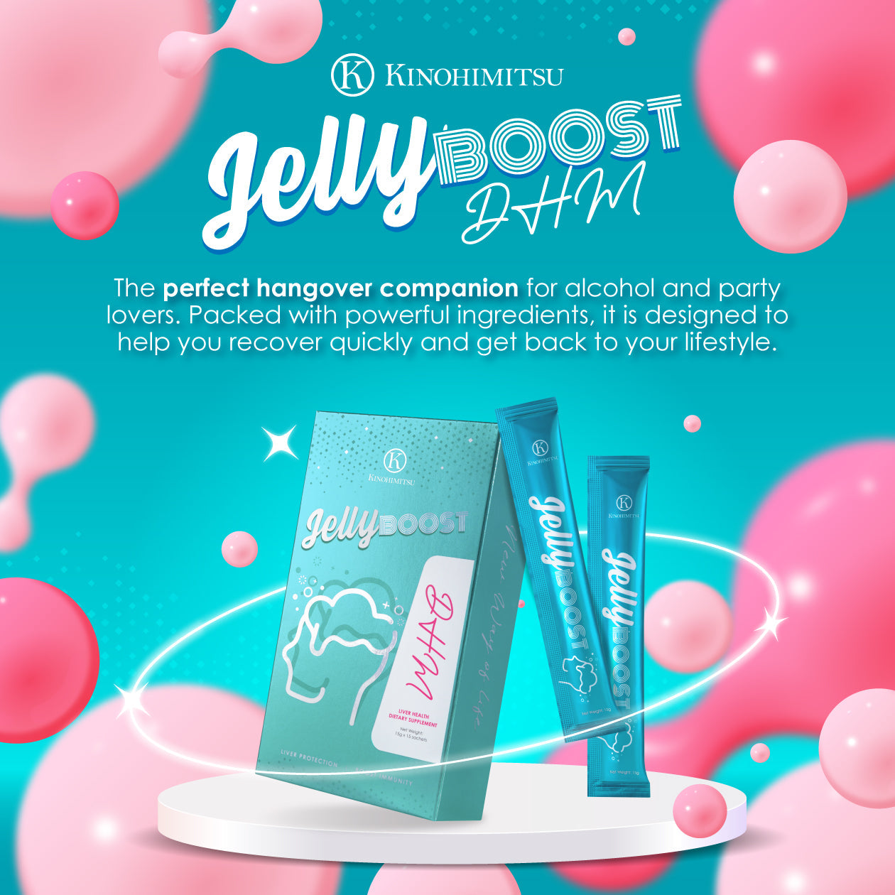 Kinohimitsu JellyBoost DHM packaging showcasing two teal packets and a box on a vibrant background. Promoted as the perfect hangover companion, the product helps in quick recovery with powerful ingredients, ideal for alcohol and party lovers.