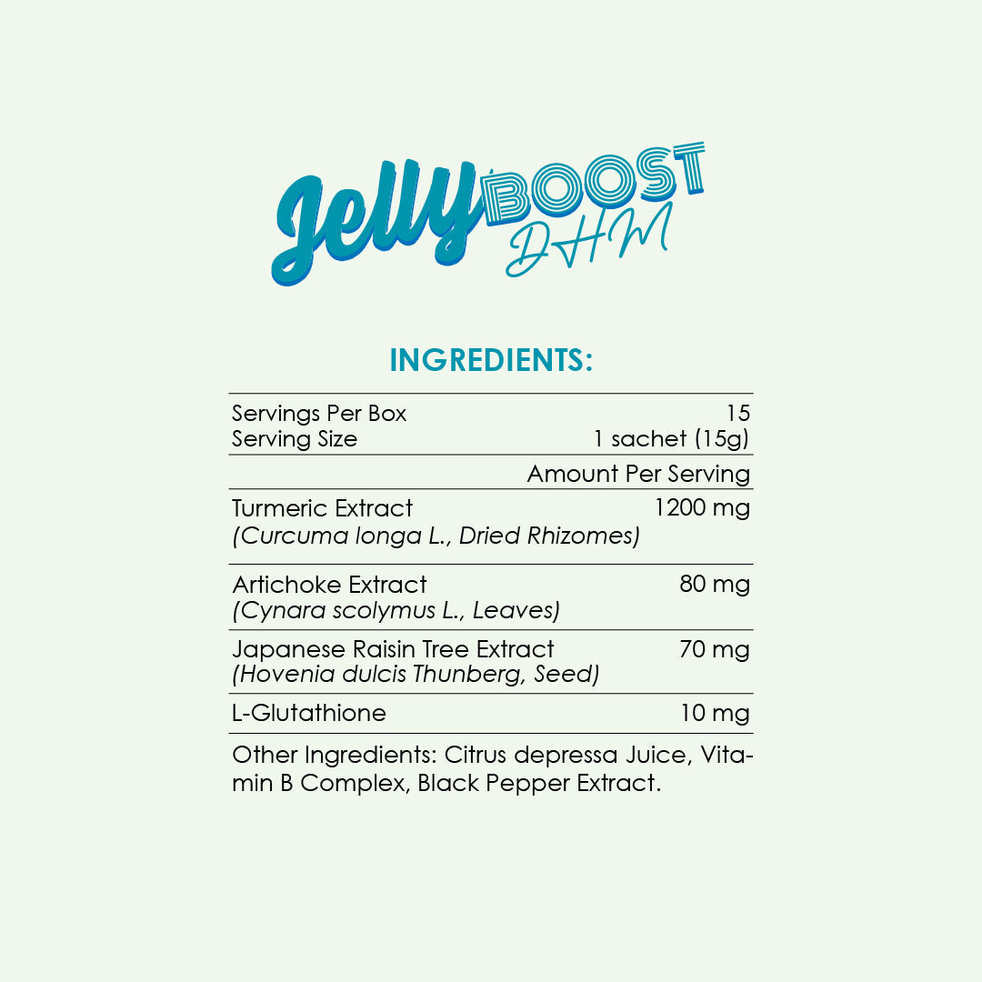 JellyBoost DHM ingredients list displaying serving size of 1 sachet (15g) with detailed amounts: Turmeric Extract 1200mg, Artichoke Extract 80mg, Japanese Raisin Tree Extract 70mg, L-Glutathione 10mg, and additional ingredients including Citrus depressa Juice, Vitamin B Complex, and Black Pepper Extract. Designed for Kinohimitsu Malaysia.