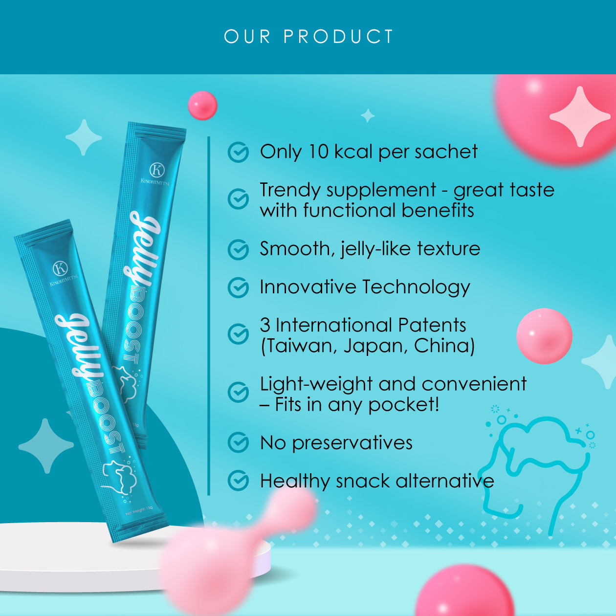 Promotional image for JellyBoost DHM by Kinohimitsu Malaysia, featuring two blue sachets with product benefits: 10 kcal per sachet, trendy supplement with great taste and functional benefits, smooth jelly-like texture, innovative technology, international patents from Taiwan, Japan, China, lightweight and pocket-friendly, no preservatives, and a healthy snack alternative.