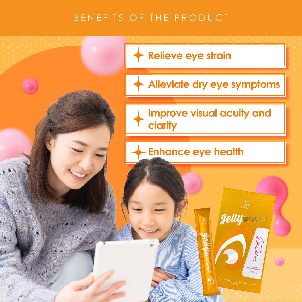 Image of a woman and child smiling at a tablet with text highlighting benefits of JellyBoost Lutein by Kinohimitsu Malaysia. Benefits include relieving eye strain, alleviating dry eye symptoms, improving visual acuity and clarity, and enhancing eye health. Packaging of JellyBoost Lutein is also visible.